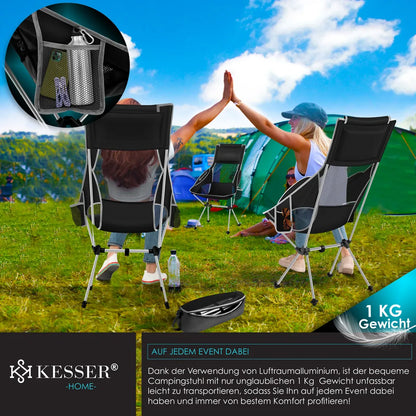  KESSER® Campingstuhl Faltbar Klappbar Mit Hoher Rückenlehne Tragbar Angelstuhl Camping Stuhl Faltstuhl Bis 120 Kg Strandstuhl Angelstuhl Klapphocker Mit Getränkehalter Outdoor Stuhl, Farbe:Schwarz / Grau