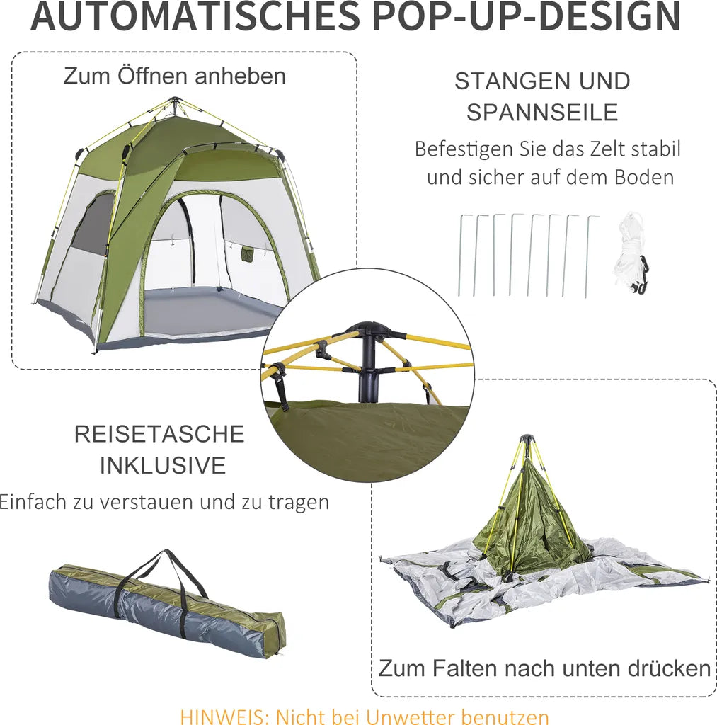  Outsunny Camping Zelt 4 Personen Zelt Familienzelt Mit Fenster 190T PU1000mm Einfache Einrichtung Für Familien Trekking Festival Aluminiumlegierung Glasfaser Grün+Grau 240 X 240 X 199 Cm
