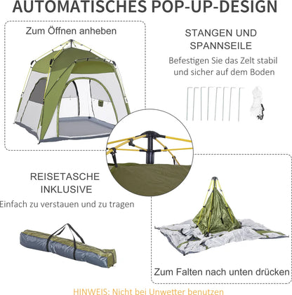  Outsunny Camping Zelt 4 Personen Zelt Familienzelt Mit Fenster 190T PU1000mm Einfache Einrichtung Für Familien Trekking Festival Aluminiumlegierung Glasfaser Grün+Grau 240 X 240 X 199 Cm