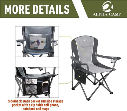  ALPHA CAMP Campingstuhl Faltbar Klappstuhl Gepolstert Mit Getränkehaltern Angelstuhl Mit Armlehnen Bis 160kg Outdoorstuhl Schwarzgrau
