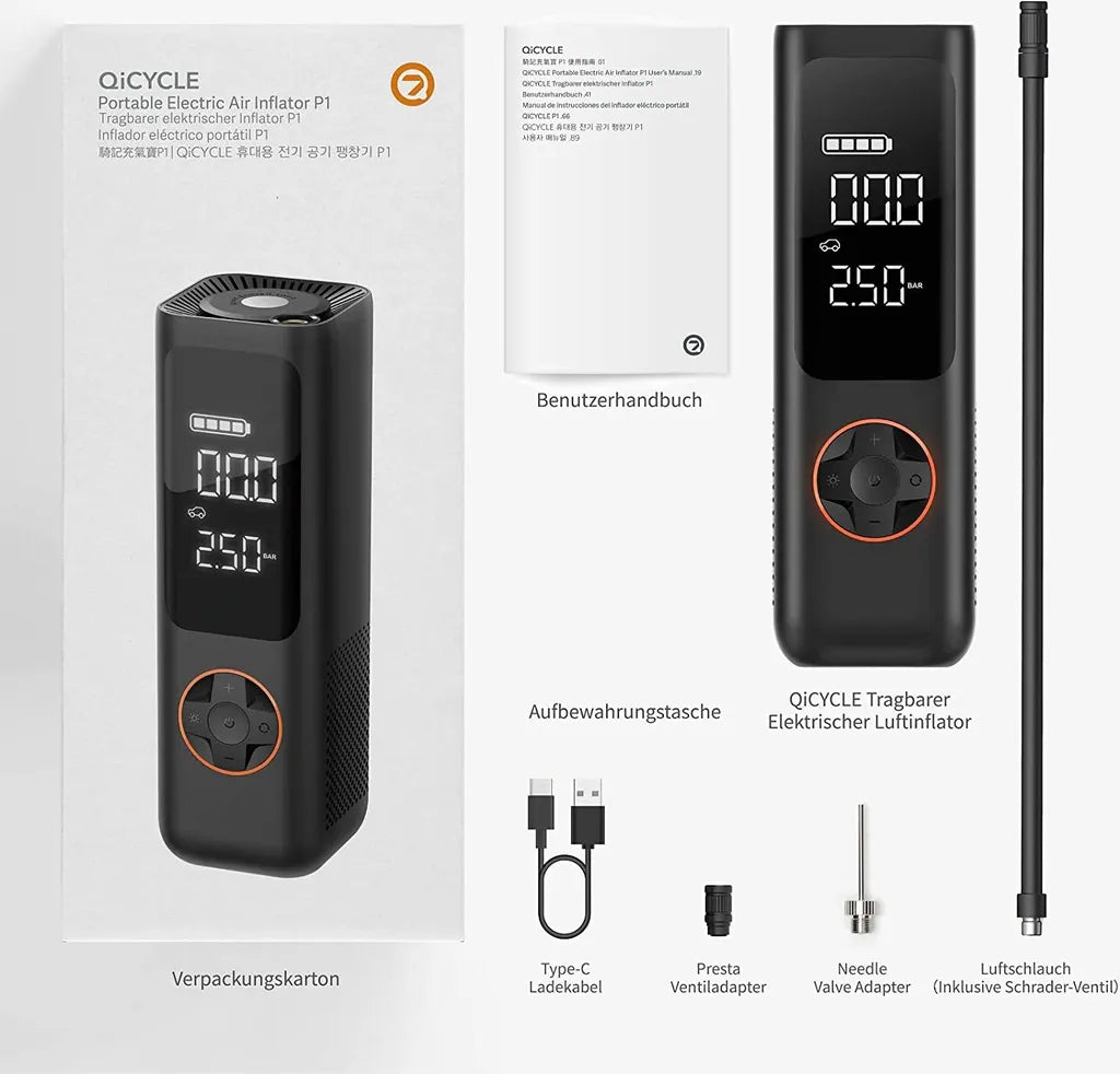  QiCYCLE Elektrische Luftpumpe, Tragbarer Luftkompressor Mit LED-Licht, Hochpräziser Digitaler Akku-Kompressor Reifenfüller Für Auto, Motorräder, Fahrräder, Bälle