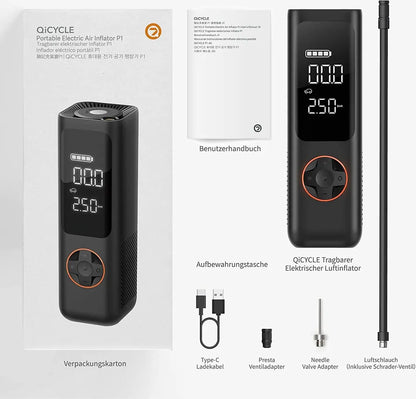  QiCYCLE Elektrische Luftpumpe, Tragbarer Luftkompressor Mit LED-Licht, Hochpräziser Digitaler Akku-Kompressor Reifenfüller Für Auto, Motorräder, Fahrräder, Bälle
