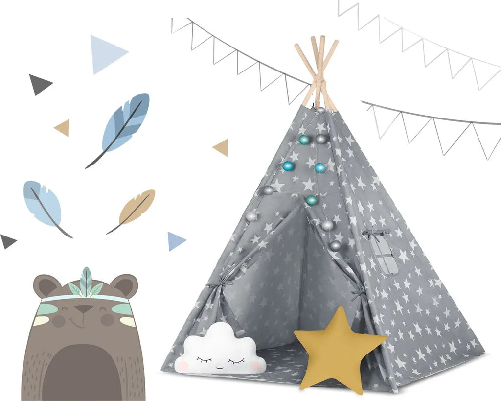  Tipi Zelt Spielzelt Baumwolle Kinderzelt Mit 2 Kissen Matratze Beleuchtung - Grau Mit Sternen