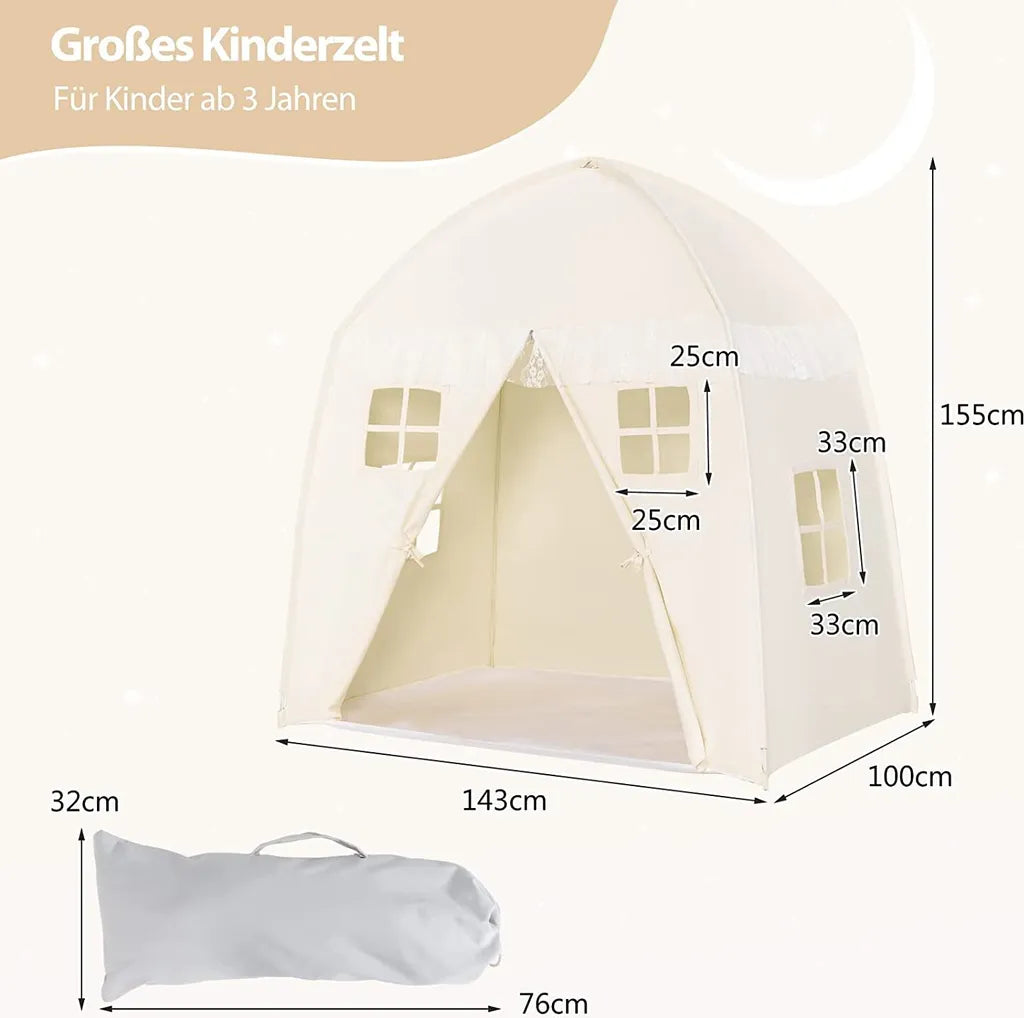  COSTWAY Kinderzelt, Großes Prinzessinnenzelt Mit Tragetasche, Anti-Rutsch-Matte, Reißverschluss-Design, Atmungsaktive Fenster, Tragbares Spielzelt Für Jungen Und Mädchen Ab 3 Jahren Beige