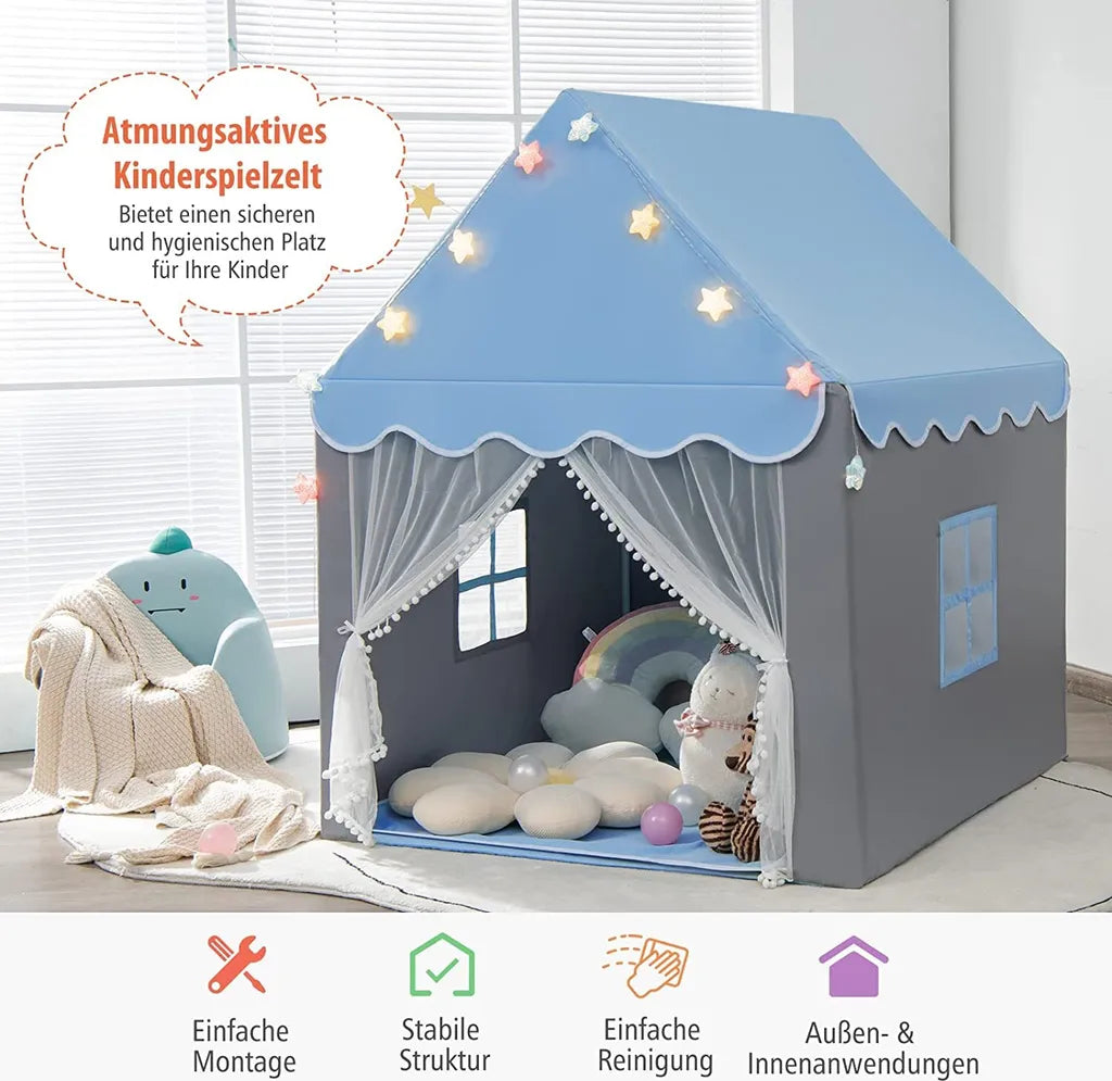  COSTWAY Kinderspielhaus Mit Sternenlichter, Prinzessin Prinzess Kinderzelt Mit Fenster & Matte, Spielzelt Mit Doppeltem Vorhang, Kinderspielzelt, Kinderspielburg Für Jungen Und Märchen (Blau)