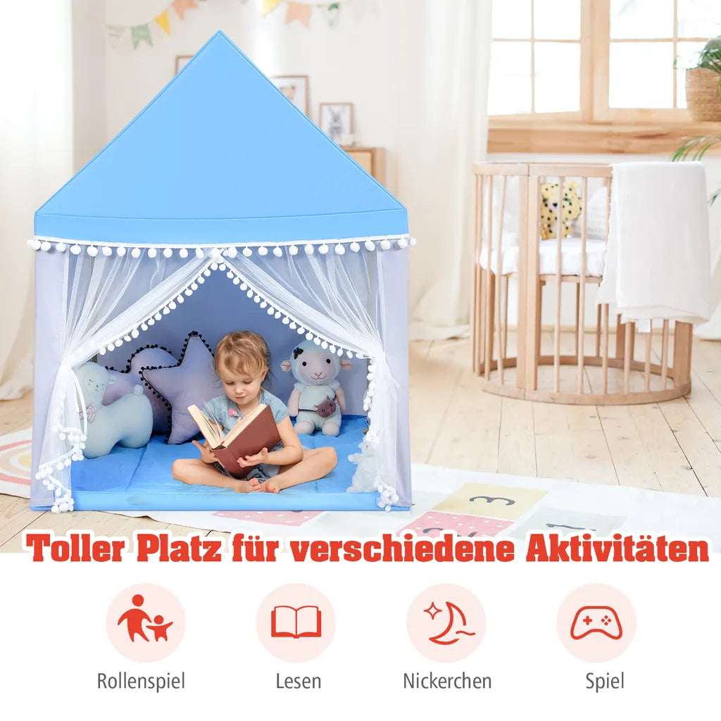  COSTWAY Kinderspielhaus Kinderzelt Spielhaus Prinzess Prinzessin, Kinderspielzelt Stoffzelt Mit Massivholzrahmen & Baumwolldecke, Kinderspielburg Für Jungen Märchen 120x105x140cm (Blau)