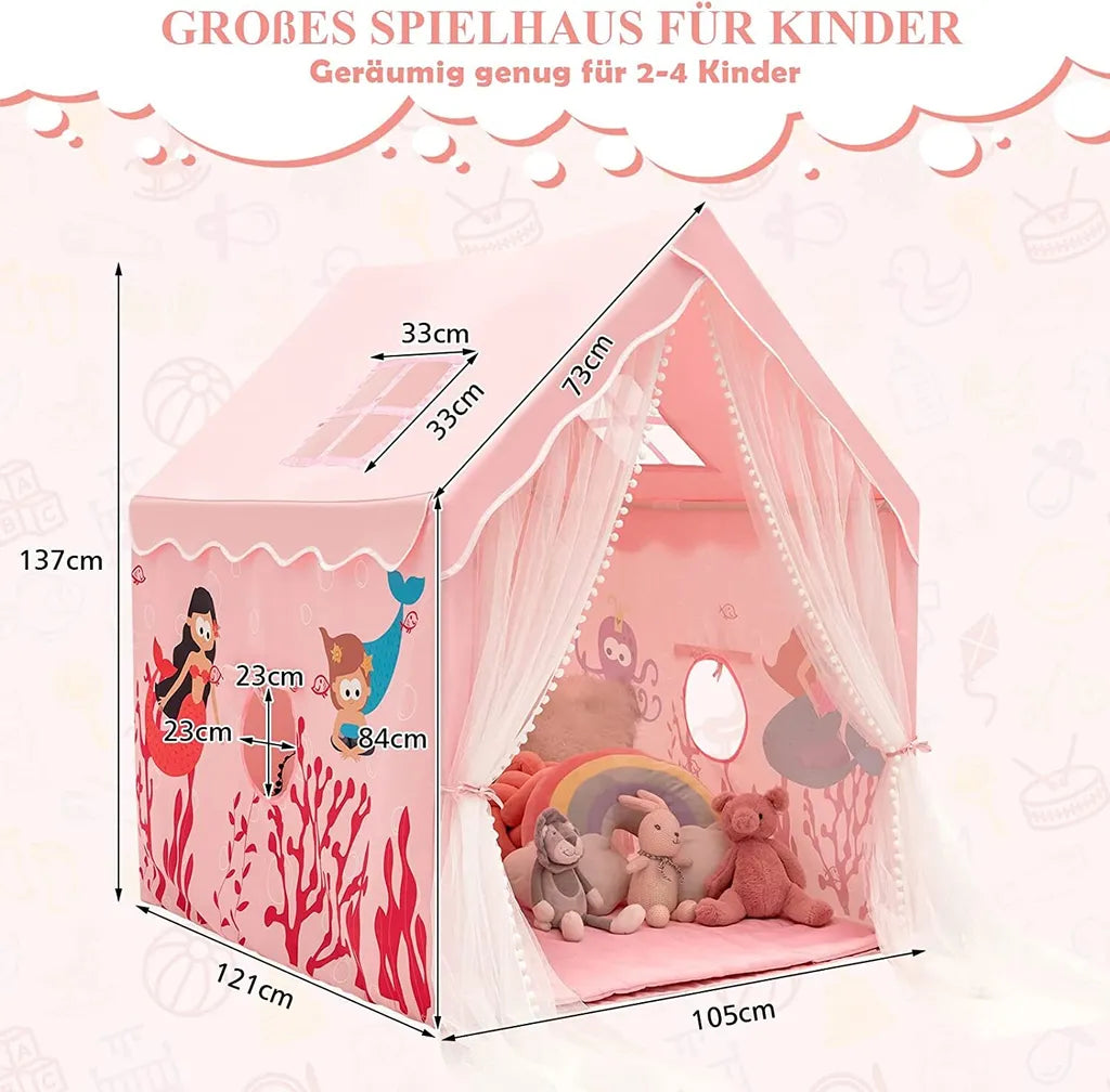  COSTWAY Großes Kinderzelt, Indoor-Spielzelt Mit Gepolsterter Matte, Türvorhang, Atmungsaktive Netzfenster, Bunte Dekorative Muster, Geschenk Für Kinder Ab 1 Jahr, 121 X 105 X 137 Cm Rosa