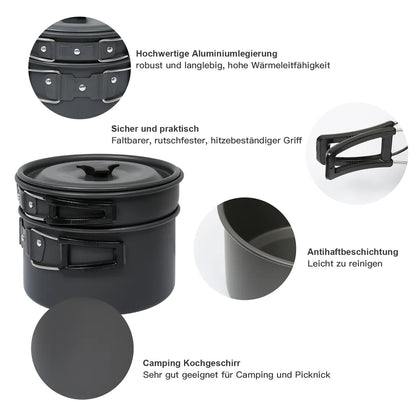  EINFEBEN 12x Camping Kochgeschirr Campinggeschirre 2-3Person Faltbare Wasserflasche 800ml Löffel Kochset