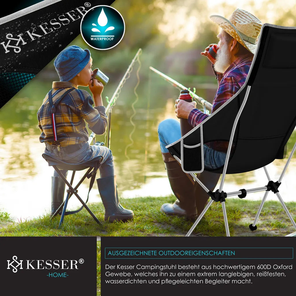  KESSER® Campingstuhl Faltbar Klappbar Mit Hoher Rückenlehne Tragbar Angel Stuhl Camping Stuhl Faltstuhl Bis 120 Kg Strandstuhl Angelstuhl Klapphocker Mit Getränkehalter , Outdoor Stuhl, Farbe:Schwarz / Grau