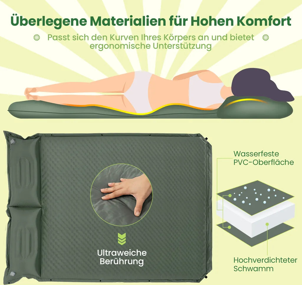  COSTWAY Camping Isomatte Selbstaufblasend, 2 Personen Campingmatte Mit Kissen, Ultraleicht, Wasserdicht, Luftmatratze Camping Matratze Schlafmatte Für Camping, Wandern, Strand, Reisen