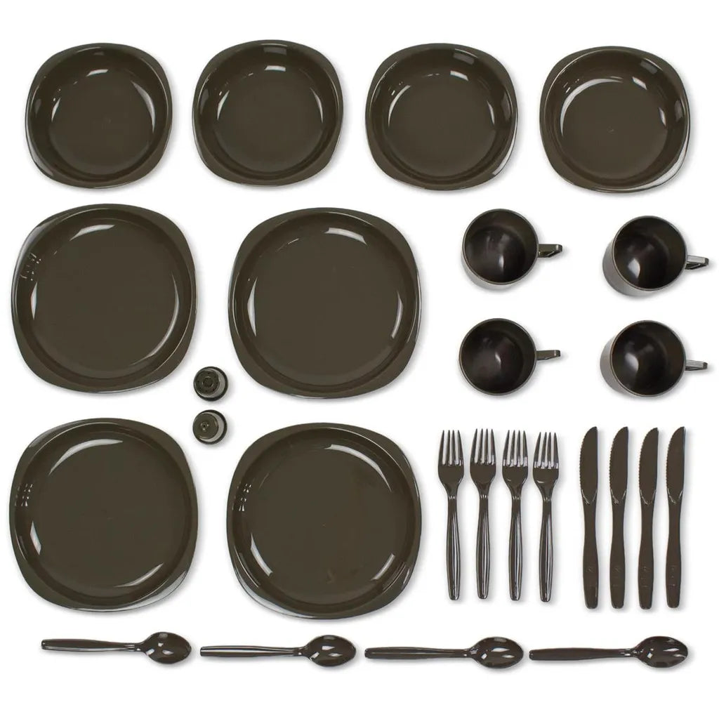  Black Snake® Camping Geschirrset | 26 Tlg. Bruchfestes Outdoor Geschirr- Und Besteckset Für 4 Personen | Oliv