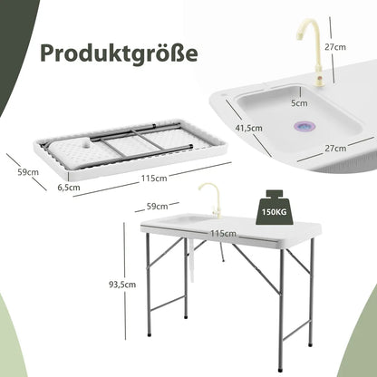  COSTWAY Tragbarer Fischreinigungstisch, Klappbarer Campingtisch Mit Spüle, Wasserhahn, Filetiertisch Outdoorspüle Für Garten, Camping, Angeln