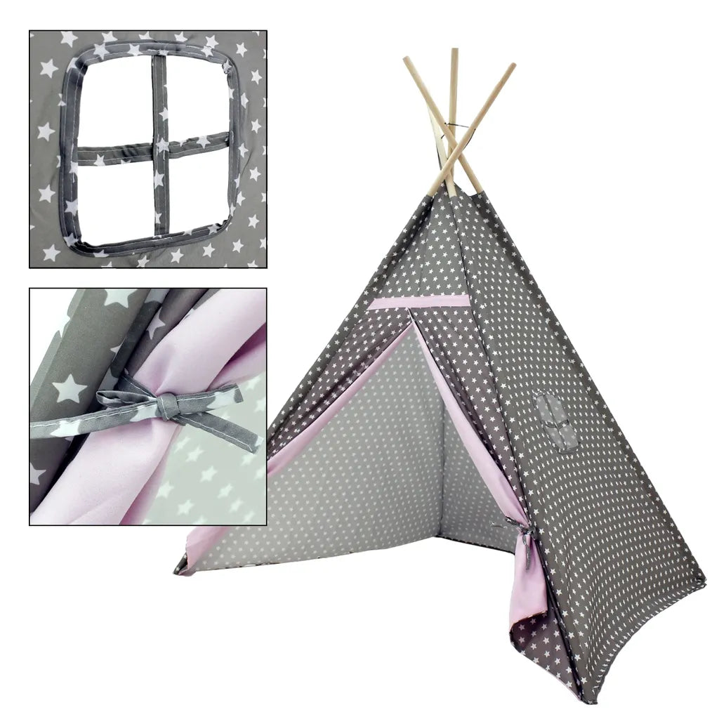  ECD Germany Spielzelt Für Kinder Mit Fenster, 115x115x160 Cm, Grau Mit Rosa Sternen, Aus Polyester - Drinnen Draußen - Kinderzelt Babyzelt Zelt Spielhaus Spielzeug Geschenkidee