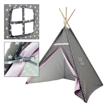  ECD Germany Spielzelt Für Kinder Mit Fenster, 115x115x160 Cm, Grau Mit Rosa Sternen, Aus Polyester - Drinnen Draußen - Kinderzelt Babyzelt Zelt Spielhaus Spielzeug Geschenkidee