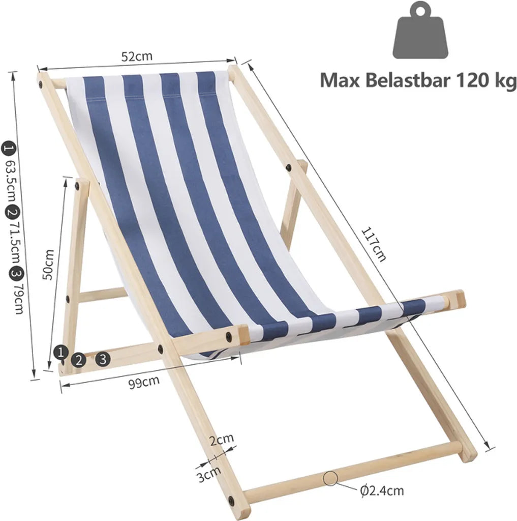  Karpal Klappbar Holzliegestuhl Campingstuhl Abnehmbarem Strandliege Fuer Den Garten, Terrasse Und Balkon 120 Kg Max.(Blau-Weiss-gestreift)