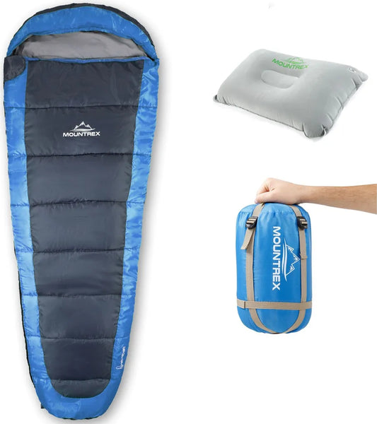  MOUNTREX® Schlafsack – Ultraleicht & Kompakt (850g) - Outdoor Sommerschlafsack - Mumienschlafsack (205x75cm) - Kleines Packmaß Und Leicht - Jugendliche Und Erwachsene + Bonus Reisekissen (Blau)