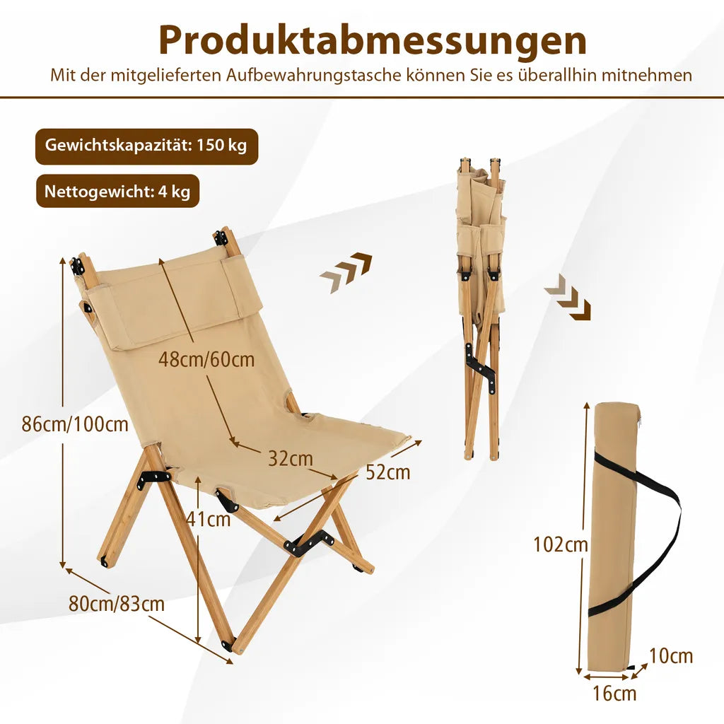  COSTWAY Campingstuhl Mit 2-stufig Verstellbarer Rückenlehne, Klappstuhl Faltbar, Inklusive Tragetasche, Tragbarer Faltstuhl Aus Bambus, Ultraleichter Angelstuhl Für Camping, Angeln, Strand, Terrasse