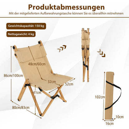  COSTWAY Campingstuhl Mit 2-stufig Verstellbarer Rückenlehne, Klappstuhl Faltbar, Inklusive Tragetasche, Tragbarer Faltstuhl Aus Bambus, Ultraleichter Angelstuhl Für Camping, Angeln, Strand, Terrasse