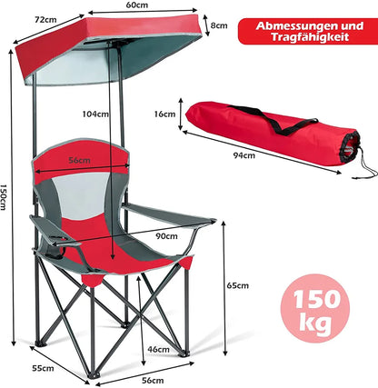  COSTWAY Campingstuhl Mit Sonnendach, Belastbar Bis 150kg, Klappstuhl, Für Strand, Garten, Terrasse, 90x72x150cm, Rot