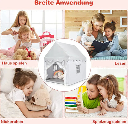  COSTWAY Kinderspielhaus Kinderzelt Spielhaus Prinzess Prinzessin, Kinderspielzelt Stoffzelt Mit Massivholzrahmen & Baumwolldecke, Kinderspielburg Für Jungen Märchen 120x105x140cm (Grau)