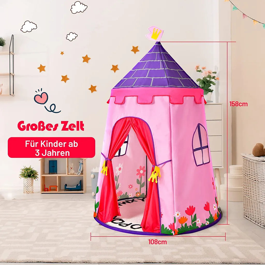  COSTWAY Spielzelt Für Kinder, Kinderhaus Mit Tragetasche & Fenstern, Kinderzelt Schloss Zelt, Spielzeugzelt Für Jungen & Mädchen, Spielhaus Für Innen Und Außen (Pink)