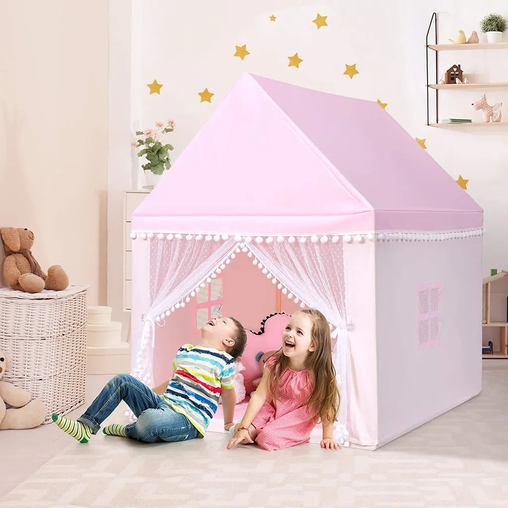  COSTWAY Kinderspielhaus Kinderzelt Spielhaus Prinzess Prinzessin, Kinderspielzelt Stoffzelt Mit Massivholzrahmen & Baumwolldecke, Kinderspielburg Für Jungen Märchen 120x105x140cm (Rosa)
