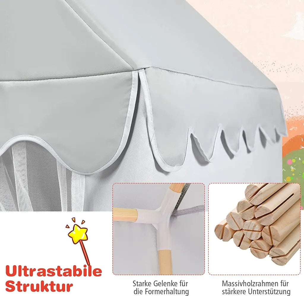  COSTWAY Kinderspielhaus Kinderzelt Spielhaus Prinzess Prinzessin, Kinderspielzelt Stoffzelt Mit Massivholzrahmen & Baumwolldecke, Kinderspielburg Für Jungen Märchen 120x105x140cm (Grau)