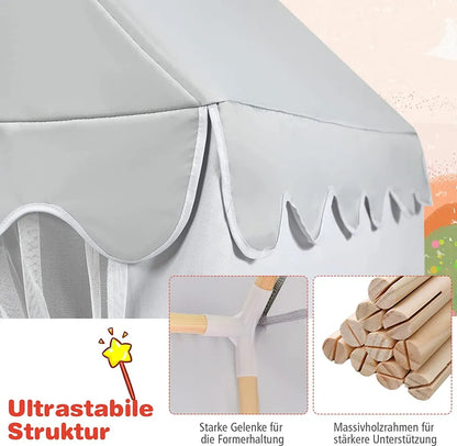  COSTWAY Kinderspielhaus Kinderzelt Spielhaus Prinzess Prinzessin, Kinderspielzelt Stoffzelt Mit Massivholzrahmen & Baumwolldecke, Kinderspielburg Für Jungen Märchen 120x105x140cm (Grau)