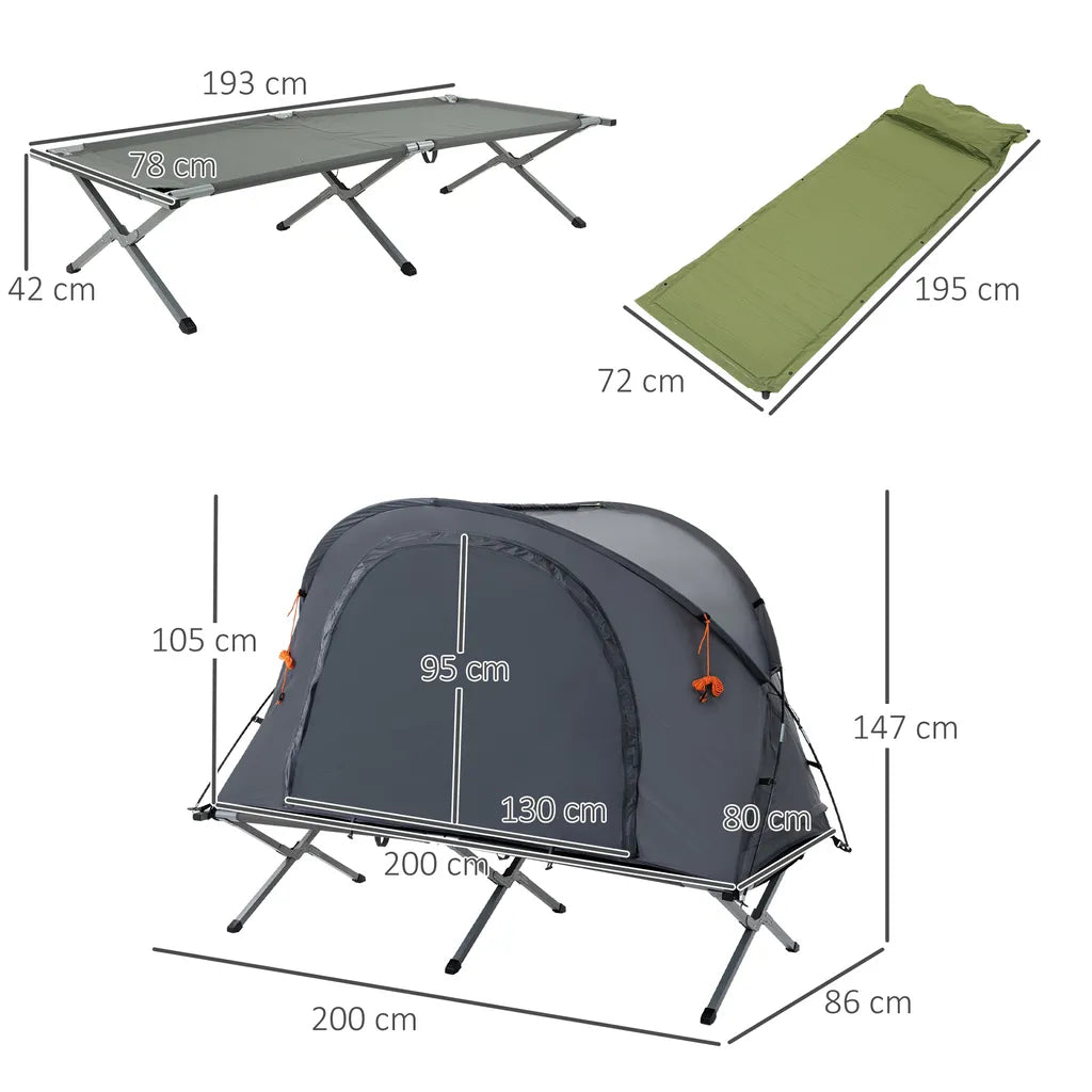  Outsunny Campingbett Mit Zelt Erhöhtes Feldbett Für 1 Person Kuppelzelt Mit Luftmatratze Inkl. Tragetasche Grau 200 X 86 X 147 Cm