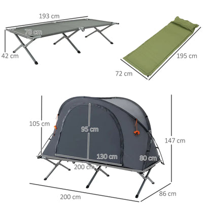  Outsunny Campingbett Mit Zelt Erhöhtes Feldbett Für 1 Person Kuppelzelt Mit Luftmatratze Inkl. Tragetasche Grau 200 X 86 X 147 Cm
