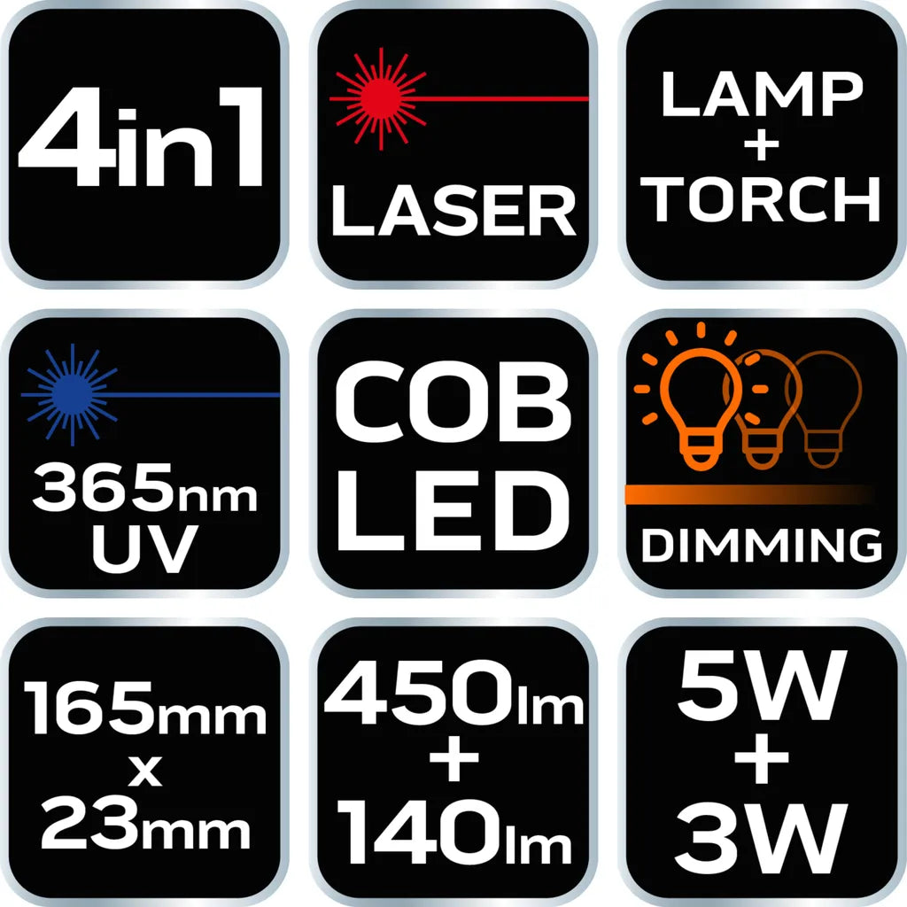  NEO TOOLS Inspektionslampe 450 Lm COB LED + Laser + UV + 4 In 1 Taschenlampe