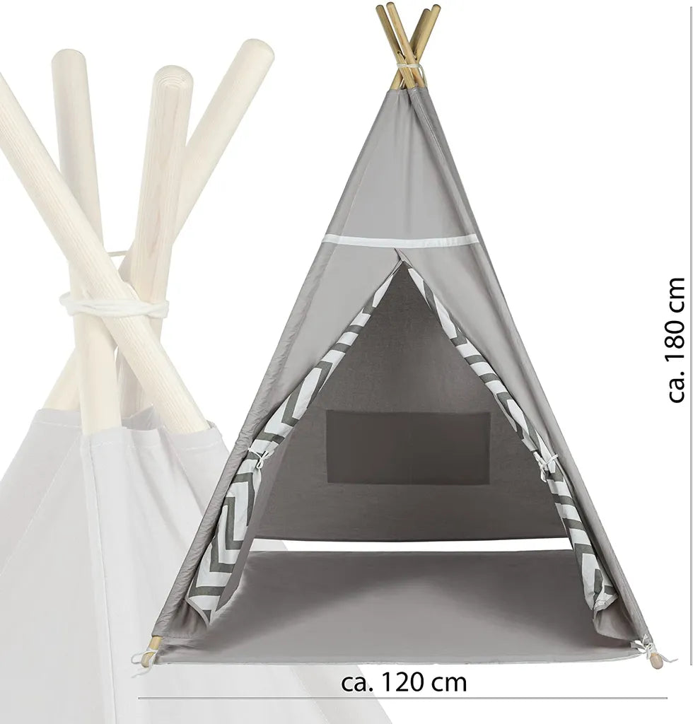  ONVAYA® Tipi Kinderzelt | Spielzelt Für Kinderzimmer & Garten | Tipi-Zelt Für Kinder | Mit Gemütlicher Bodenmatte | Indoor & Outdoor | Aus Holz & Baumwolle | Grau