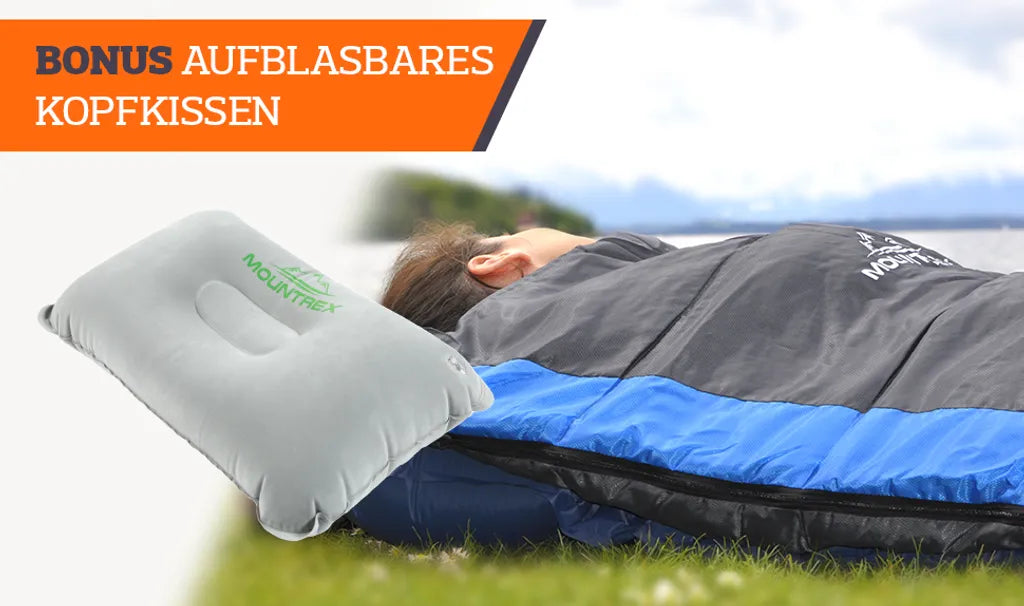  MOUNTREX® Schlafsack – Ultraleicht & Kompakt (850g) - Outdoor Sommerschlafsack - Mumienschlafsack (205x75cm) - Kleines Packmaß Und Leicht - Jugendliche Und Erwachsene + Bonus Reisekissen (Blau)