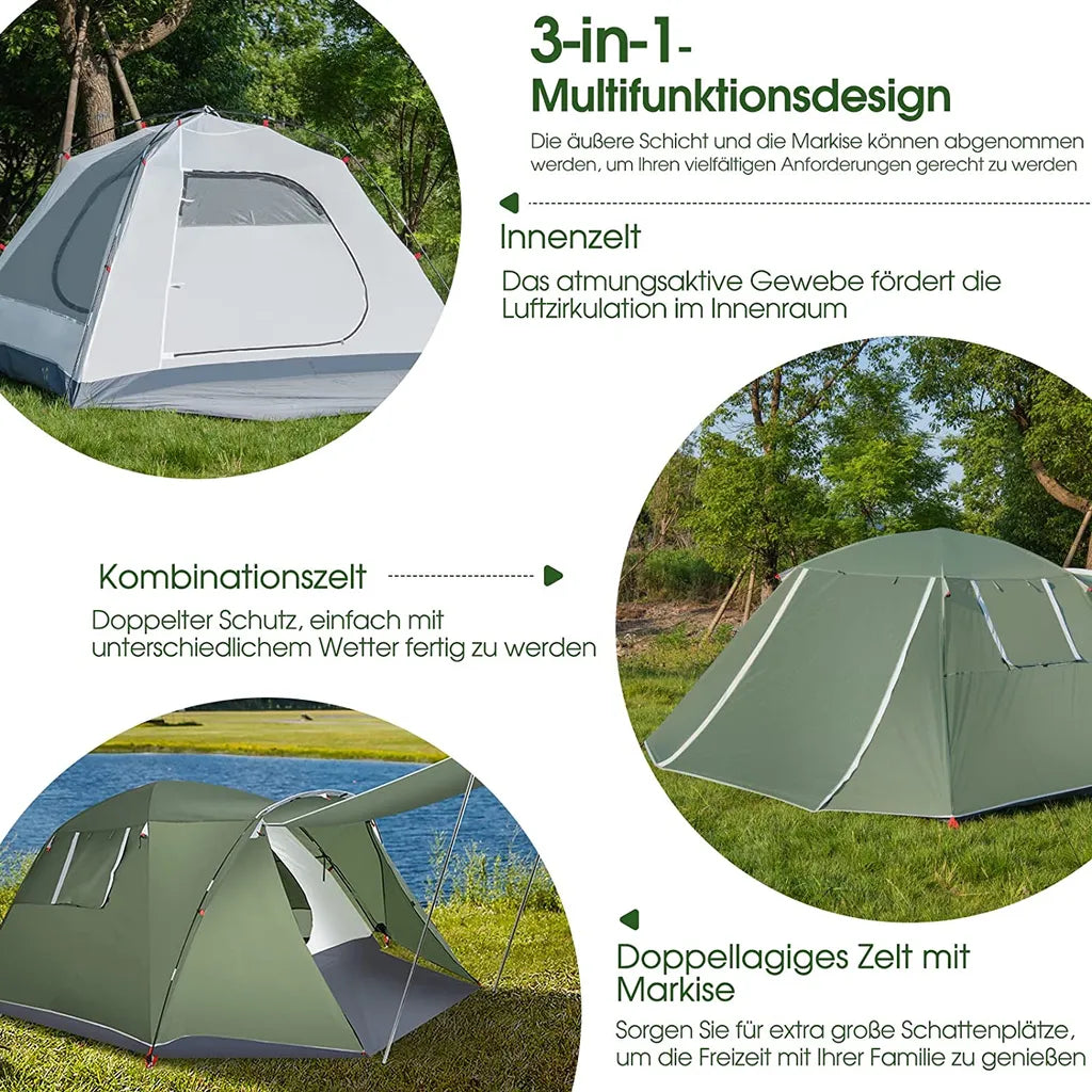  COSTWAY 4 Personen Campingzelt Mit Vordach, Doppelschicht Und Fenster, Kuppelzelt Winddicht, Camping Tent Wurfzelt Für 4 Erwachsene & 2 Kinder