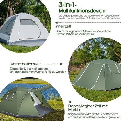  COSTWAY 4 Personen Campingzelt Mit Vordach, Doppelschicht Und Fenster, Kuppelzelt Winddicht, Camping Tent Wurfzelt Für 4 Erwachsene & 2 Kinder