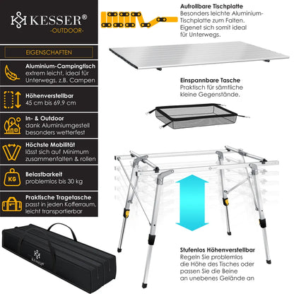  KESSER® Campingtisch Faltbar Klapptisch Camping Tisch Mit Aluminiumrahmen Aufrollbare Tischplatte Falttisch Klappbar Mit Höhenverstellung Inkl. Tragetasche Mit Trageband 90 X 53cm - Bis 30 Kg, Farbe:Silber