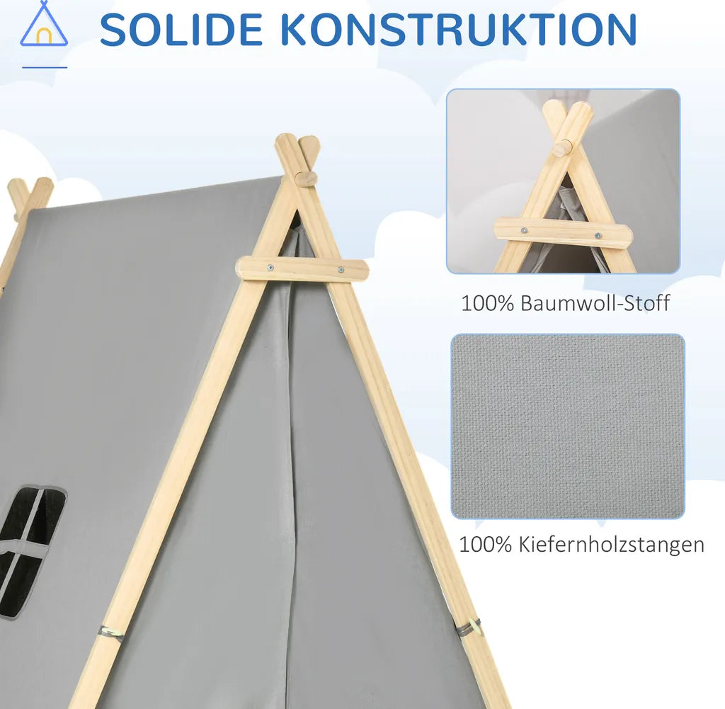  HOMCOM Kinder Teepee Tipi Zelt Mit Fenster Indoor Outdoor Kinderspielzelt Spieltipi Mit Kissen Polyester Kieferholz Lesen Spielen Ausruhen 3-6 Jahren Grau 130 X 115 X 136 Cm