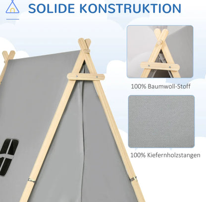  HOMCOM Kinder Teepee Tipi Zelt Mit Fenster Indoor Outdoor Kinderspielzelt Spieltipi Mit Kissen Polyester Kieferholz Lesen Spielen Ausruhen 3-6 Jahren Grau 130 X 115 X 136 Cm
