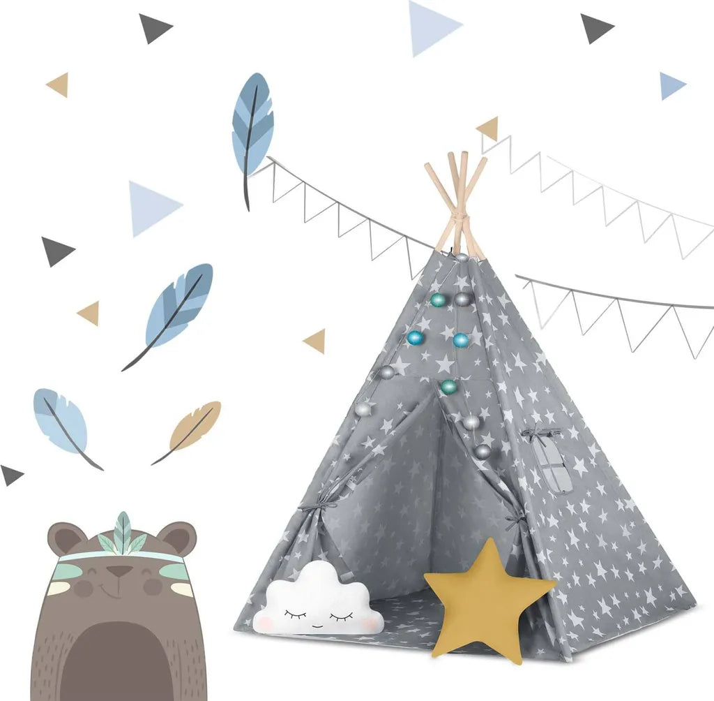  Tipi Zelt Spielzelt Baumwolle Kinderzelt Mit 2 Kissen Matratze Beleuchtung - Grau Mit Sternen