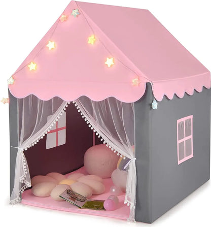  COSTWAY Kinderspielhaus Mit Sternenlichter, Prinzessin Prinzess Kinderzelt Mit Fenster & Matte, Spielzelt Mit Doppeltem Vorhang, Kinderspielzelt, Kinderspielburg Für Jungen Und Märchen, Rosa