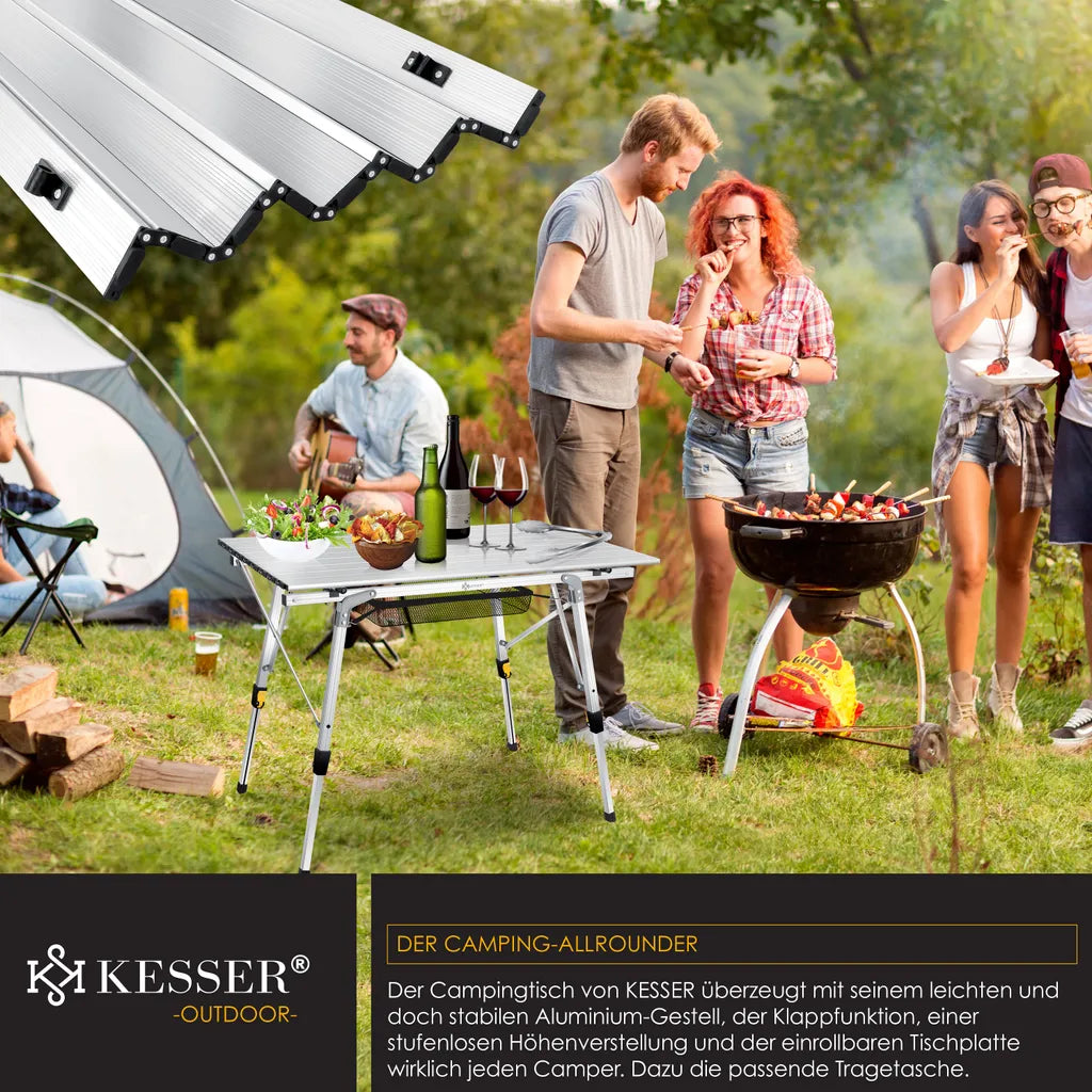  KESSER® Campingtisch Faltbar Klapptisch Camping Tisch Mit Aluminiumrahmen Aufrollbare Tischplatte Falttisch Klappbar Mit Höhenverstellung Inkl. Tragetasche Mit Trageband 90 X 53cm - Bis 30 Kg, Farbe:Silber