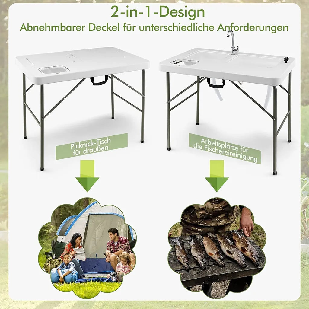  COSTWAY Fischreinigungstisch, Klappbarer Filetiertisch Mit 2 Eingebauten Spülen, Um 360° Drehbarem Wasserhahn & Messskala, Tragbarer Campingtisch Für Camping, Angeln, Grillen