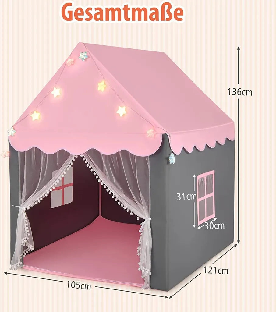  COSTWAY Kinderspielhaus Mit Sternenlichter, Prinzessin Prinzess Kinderzelt Mit Fenster & Matte, Spielzelt Mit Doppeltem Vorhang, Kinderspielzelt, Kinderspielburg Für Jungen Und Märchen, Rosa
