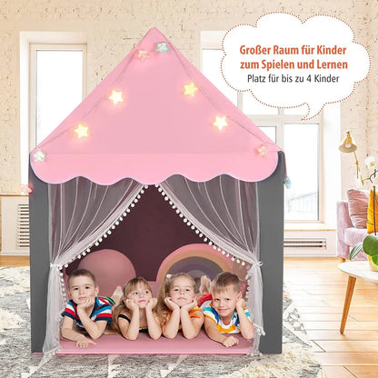  COSTWAY Kinderspielhaus Mit Sternenlichter, Prinzessin Prinzess Kinderzelt Mit Fenster & Matte, Spielzelt Mit Doppeltem Vorhang, Kinderspielzelt, Kinderspielburg Für Jungen Und Märchen, Rosa