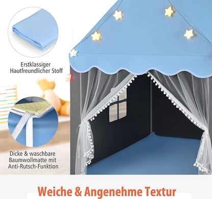  COSTWAY Kinderspielhaus Mit Sternenlichter, Prinzessin Prinzess Kinderzelt Mit Fenster & Matte, Spielzelt Mit Doppeltem Vorhang, Kinderspielzelt, Kinderspielburg Für Jungen Und Märchen (Blau)