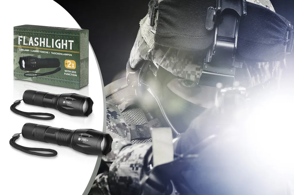  TECHNOSMART Militär Taschenlampe Mit 5 Verschiedenen Lichtmodi Und Zoombarem Fokus, 2er Set AAA Taschenlampen Für Camping, Wandern, Militär, Outdoor