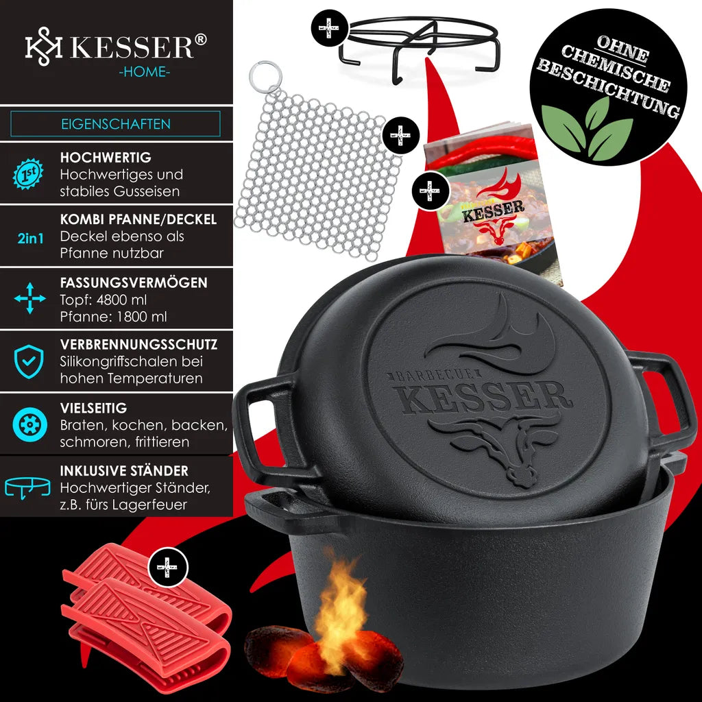  KESSER® Dutch Oven 2in1 Gusseisen Topf 4,8L Und Pfanne 1,8L Einsatzfertig Eingebrannt Inkl. Kochbuch Schmortopf Doppelfunktion Deckel/Bratpfanne Für Küche Camping Garten BBQ Backen Gasgrill, Farbe:Schwarz