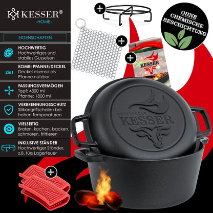  KESSER® Dutch Oven 2in1 Gusseisen Topf 4,8L Und Pfanne 1,8L Einsatzfertig Eingebrannt Inkl. Kochbuch Schmortopf Doppelfunktion Deckel/Bratpfanne Für Küche Camping Garten BBQ Backen Gasgrill, Farbe:Schwarz