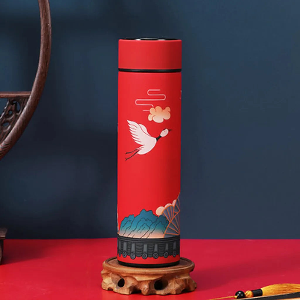  Fine Asianliving Insulated Water Bottle Stainless Steel 500ml Smart LED Temperature Touch Screen Red Cranes
