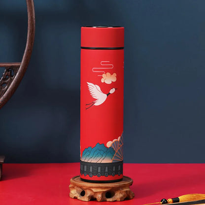 Fine Asianliving Insulated Water Bottle Stainless Steel 500ml Smart LED Temperature Touch Screen Red Cranes